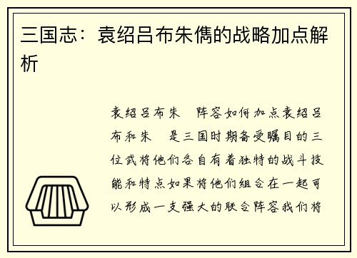 三国志：袁绍吕布朱儁的战略加点解析